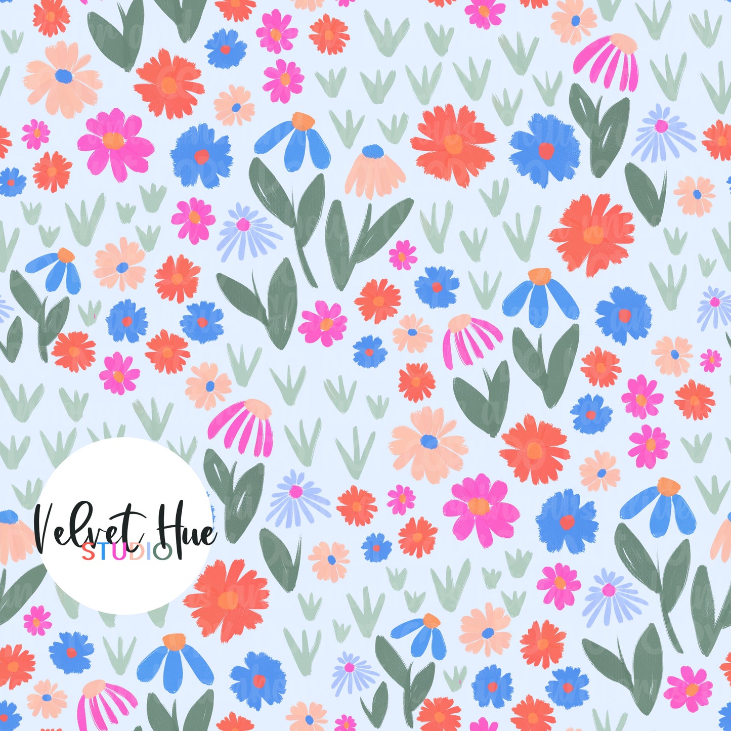 Christmas In July Floral on Ditsy Floral on Light Blue
