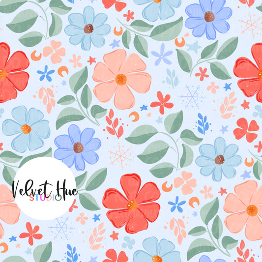 Christmas In July Floral on Blue & Stripe