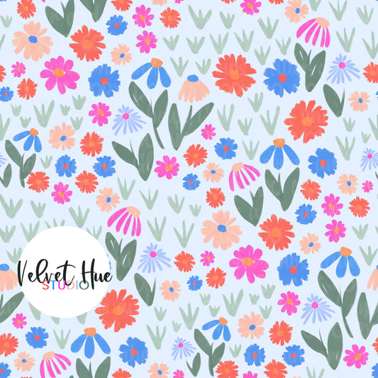 Christmas In July Floral on Ditsy Floral on Light Blue
