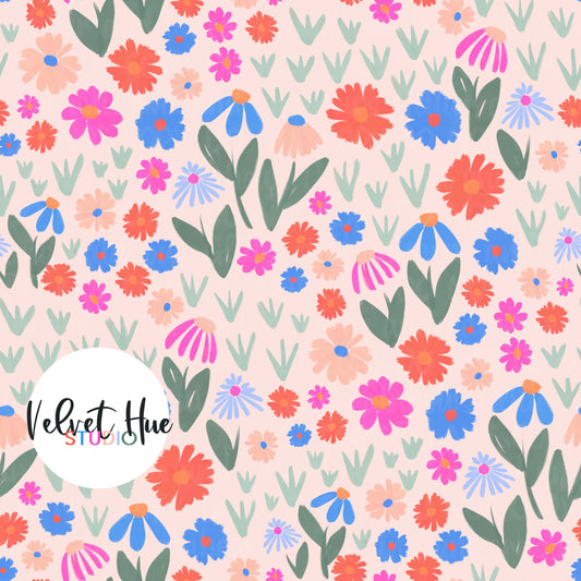 Christmas In July Floral on Ditsy Floral on Light Blue Light Pink